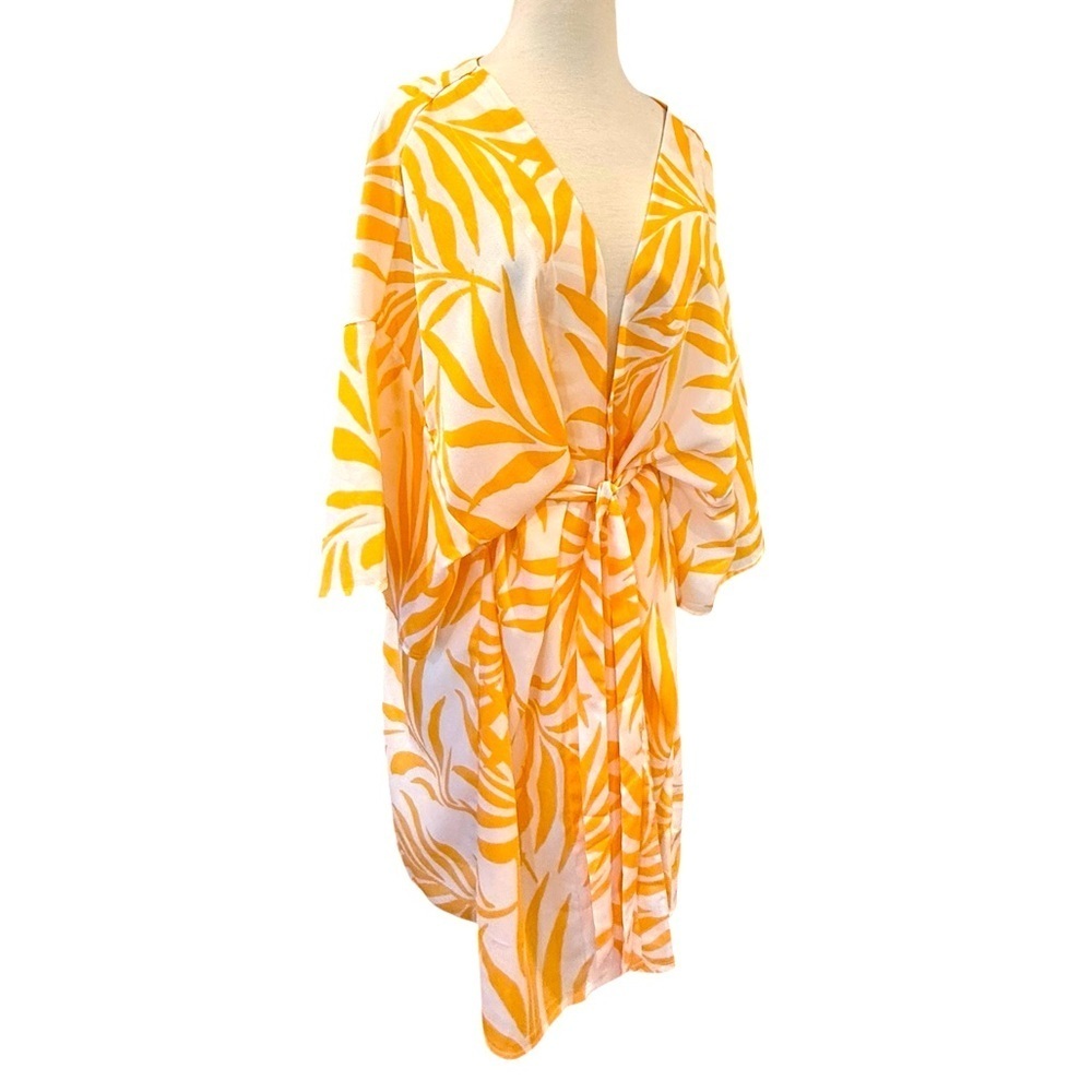 Maison Du Soir Yellow Magnolia Luxe Robe Kimono Coverup Tropical Palm Print  M/L - Picture 4 of 7
